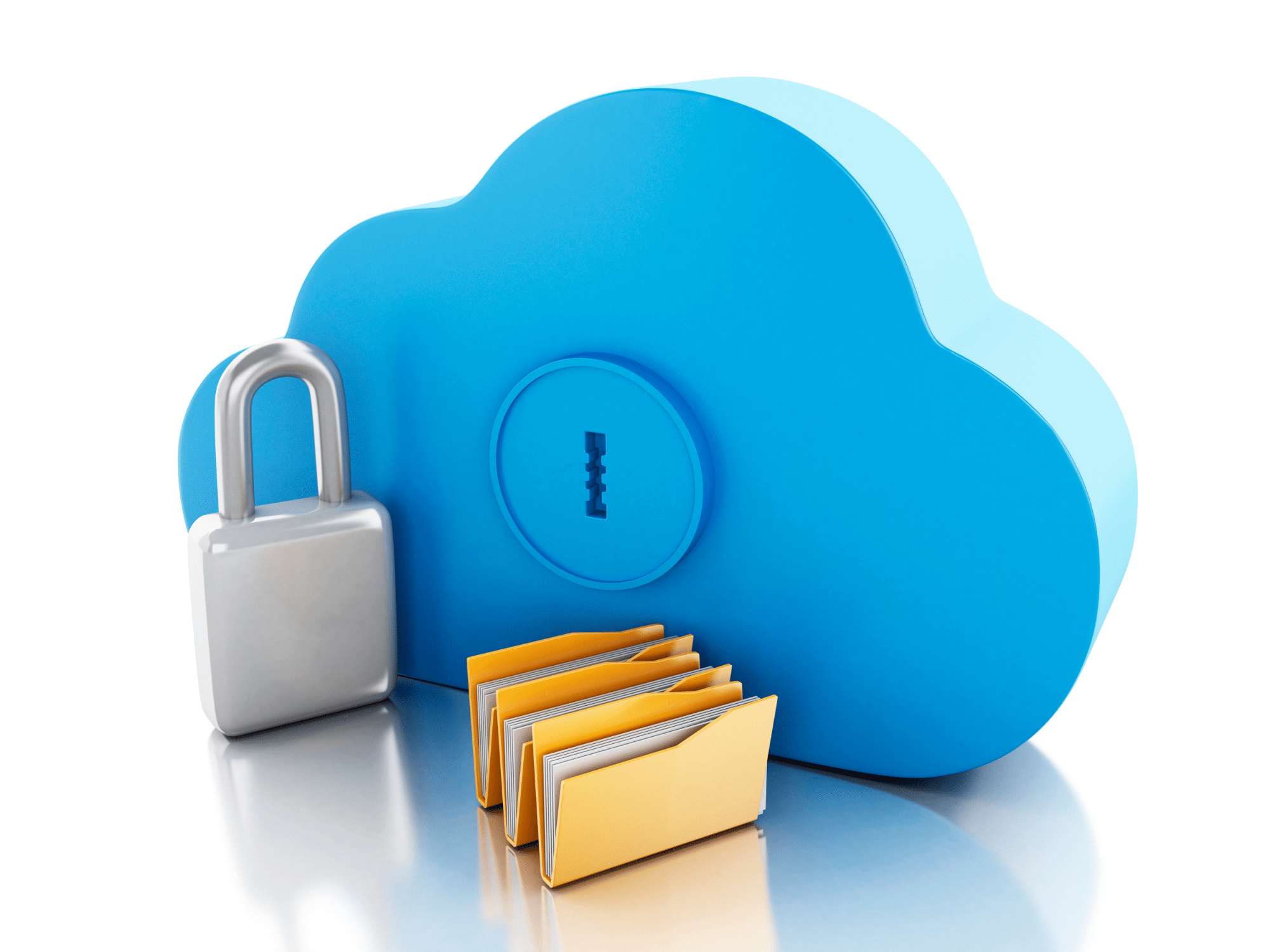 graphic of a cloud with keyhole, lock, and file storage, indicating secure cloud storage