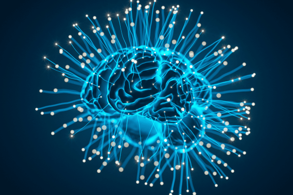 Image of brain with data points for clinical research